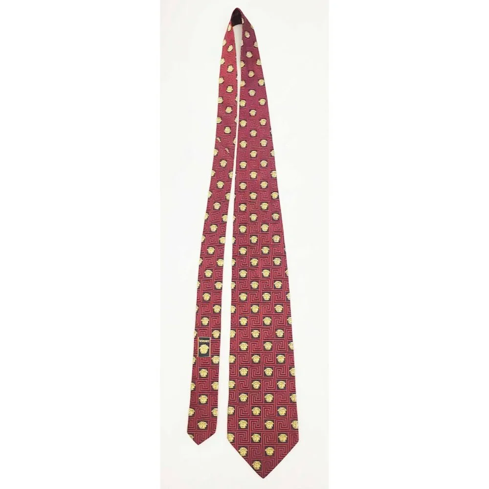 Gianni Versace Mens Woven Medusa Geometric Design Black Red Gold Neck Tie VTG